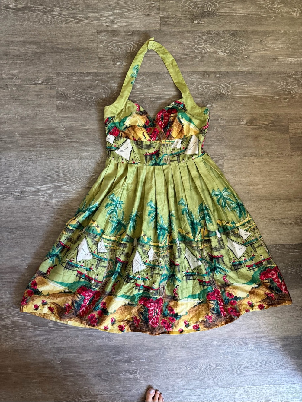 Halter Tiki Print Fit & Flare Dress in Lime Green